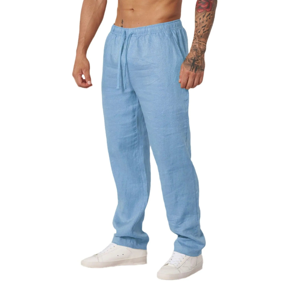 Men's casual sports trousers in polyester, available in white, black, khaki and sky blue, sizes S to XXL, no liner, regular length.