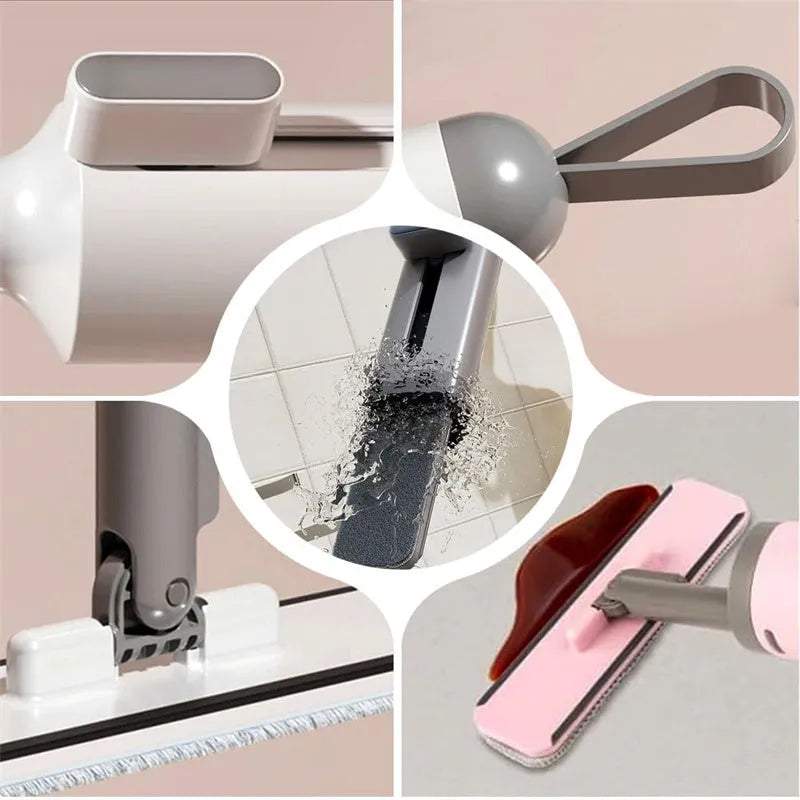 Rotatable self-squeeze mini mop with pink handle, crevice brush, and two microfiber pads on a tiled floor