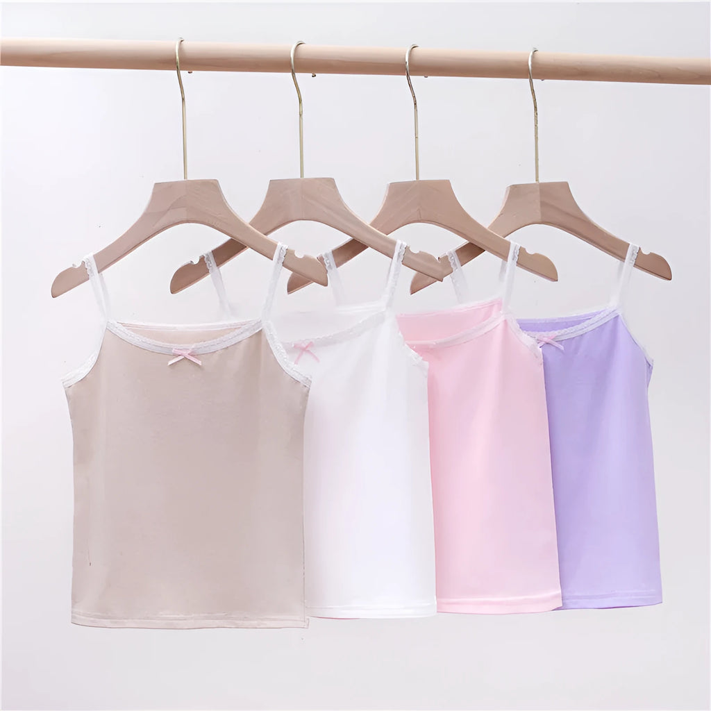 Girls' pure cotton lace vest with bow detail, available in multiple colours and sizes for heights 100-150 cm