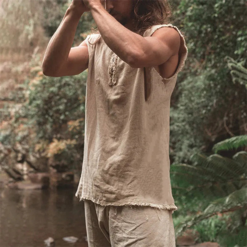 Men's solid colour linen vest with loose fit, round hem, and printed detailing in a casual style