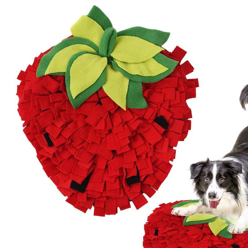 Red and green strawberry-shaped pet sniffing mat for slow feeding dogs and cats