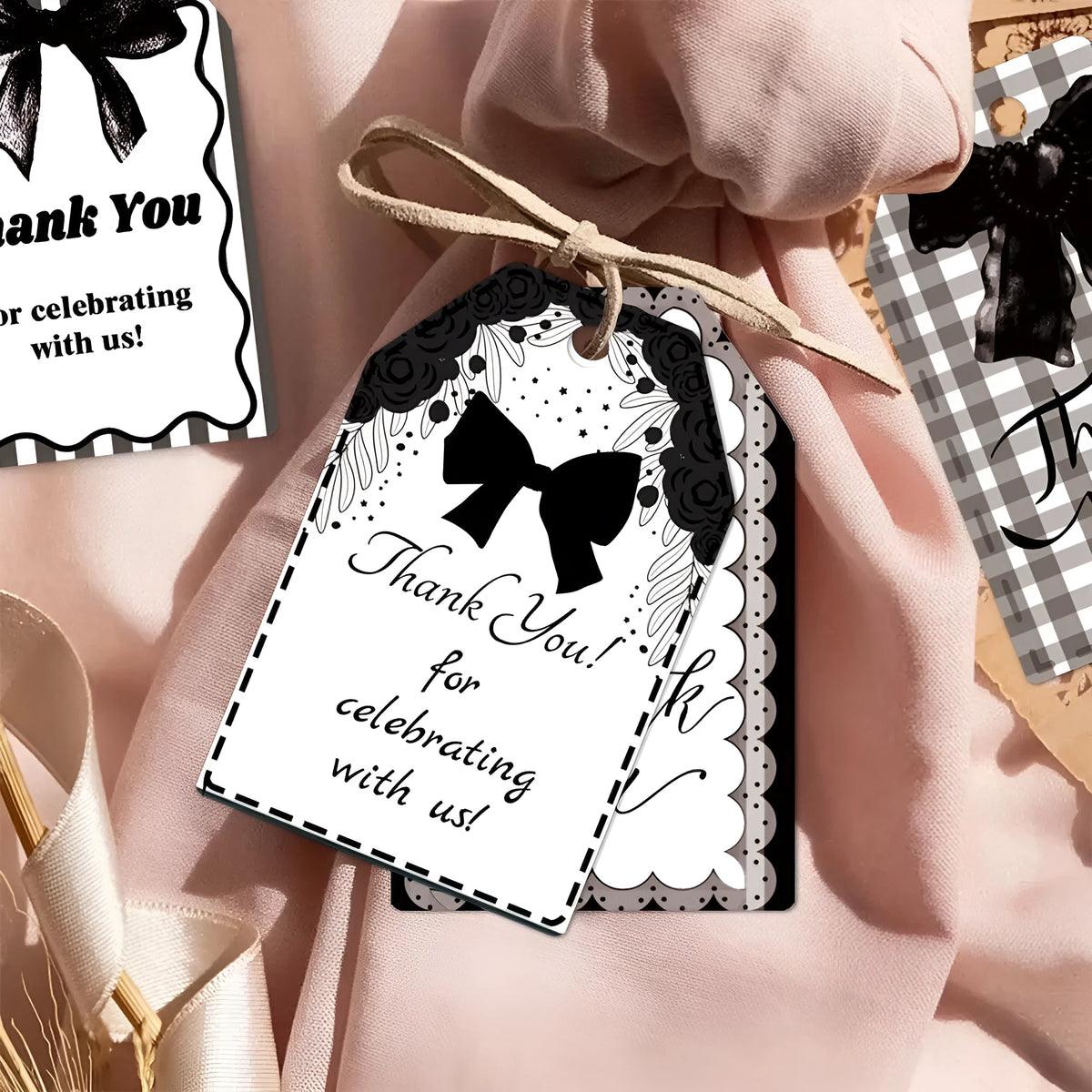 Set of 60 paper birthday gift tags with bowknot designs and natural hemp rope in three decorative styles