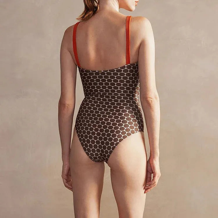 Women's printed dots one-piece swimsuit with matching wrap skirt in polyester fabric