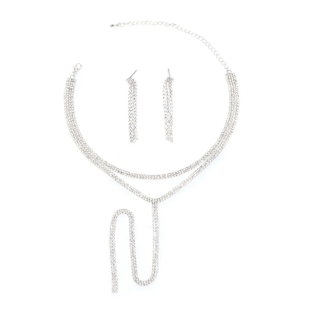 Silver copper rhinestone clavicle chain necklace and earring set with U-shaped pendant