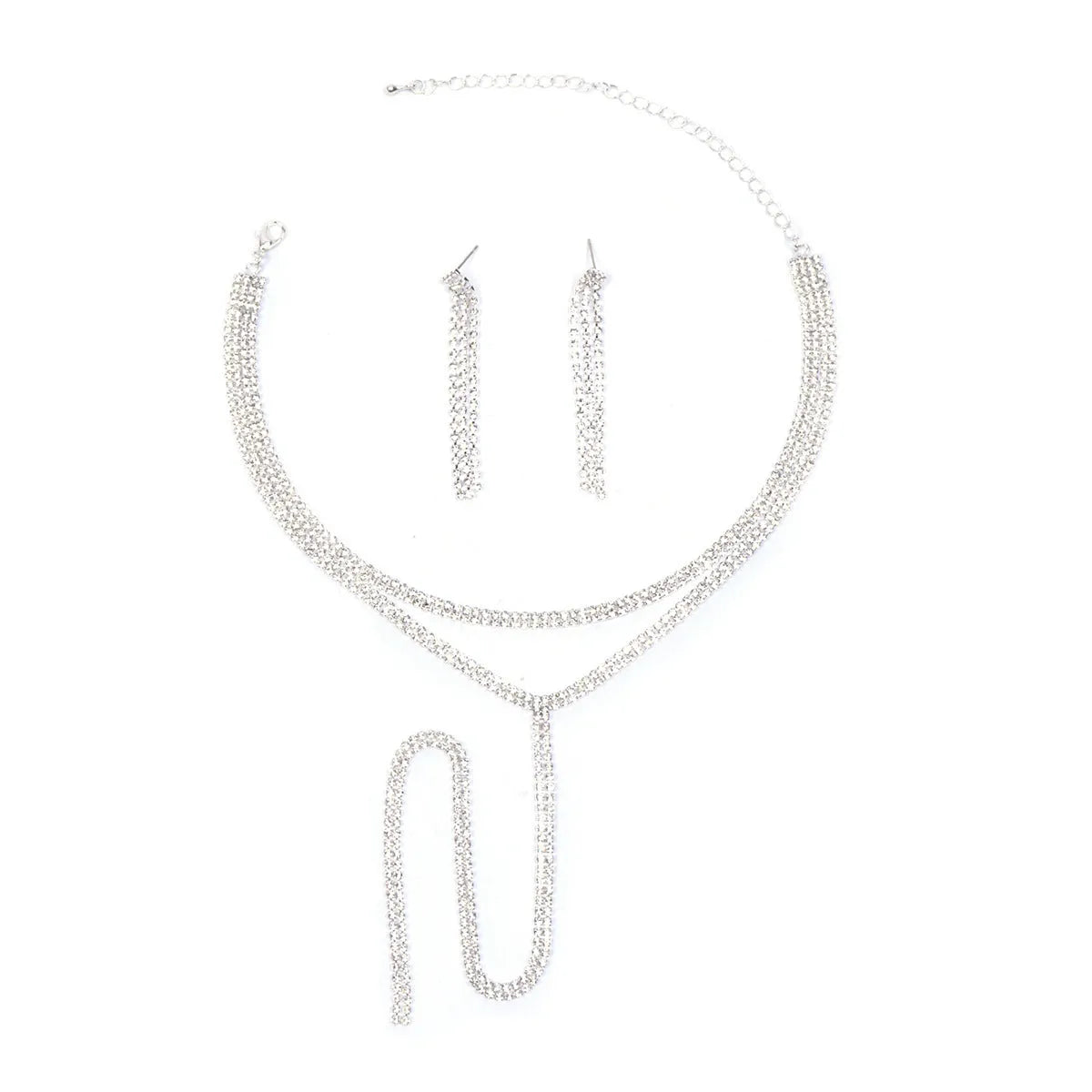 Silver copper rhinestone clavicle chain necklace and earring set with U-shaped pendant