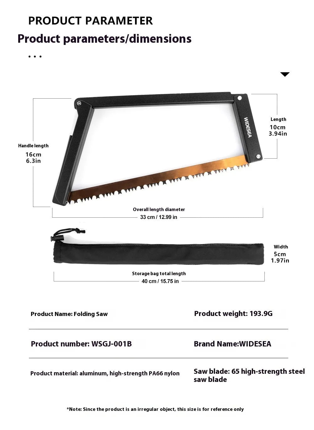Black outdoor folding saw with aluminium and PA66 nylon handle and No. 65 Gao Meng hacksaw blade