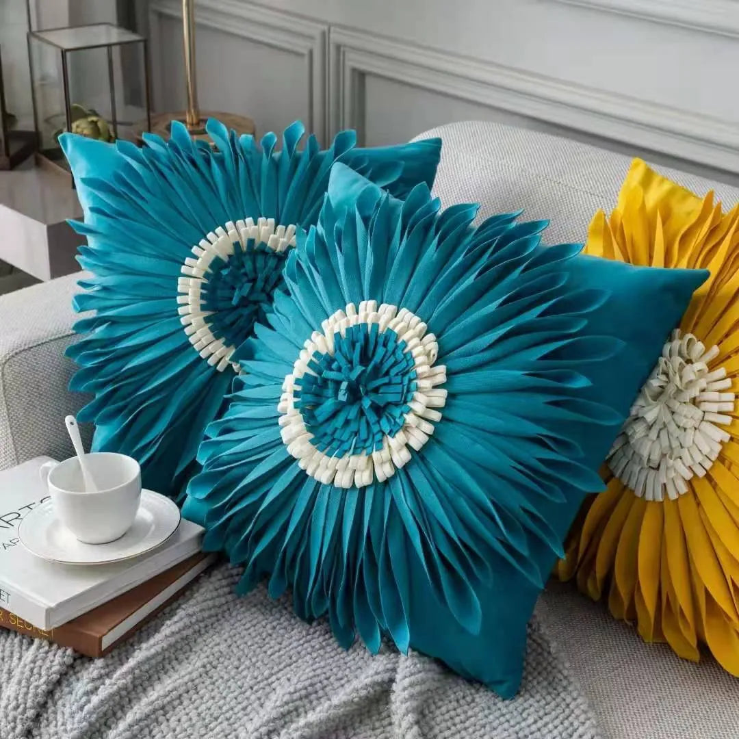 Blue velvet cushion cover with tufted chrysanthemum pattern, 45x45cm, fringed hem