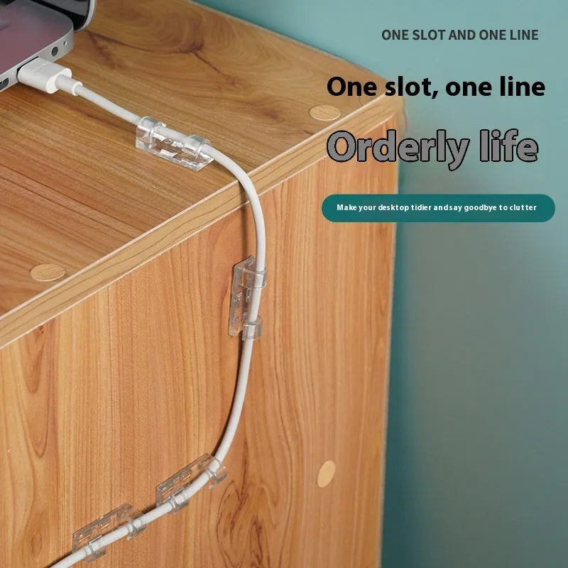 Transparent self-adhesive cable clips in four sizes for punch-free wire organisation