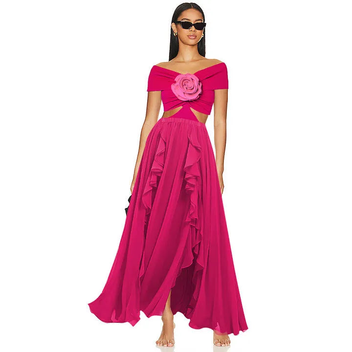 Women's floral hollow-out one-piece swimsuit with a matching skirt on a mannequin.