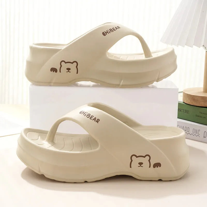 Pair of EVA flip flops with thick non-slip sole, fish mouth toe, available in beige, khaki, black and pink