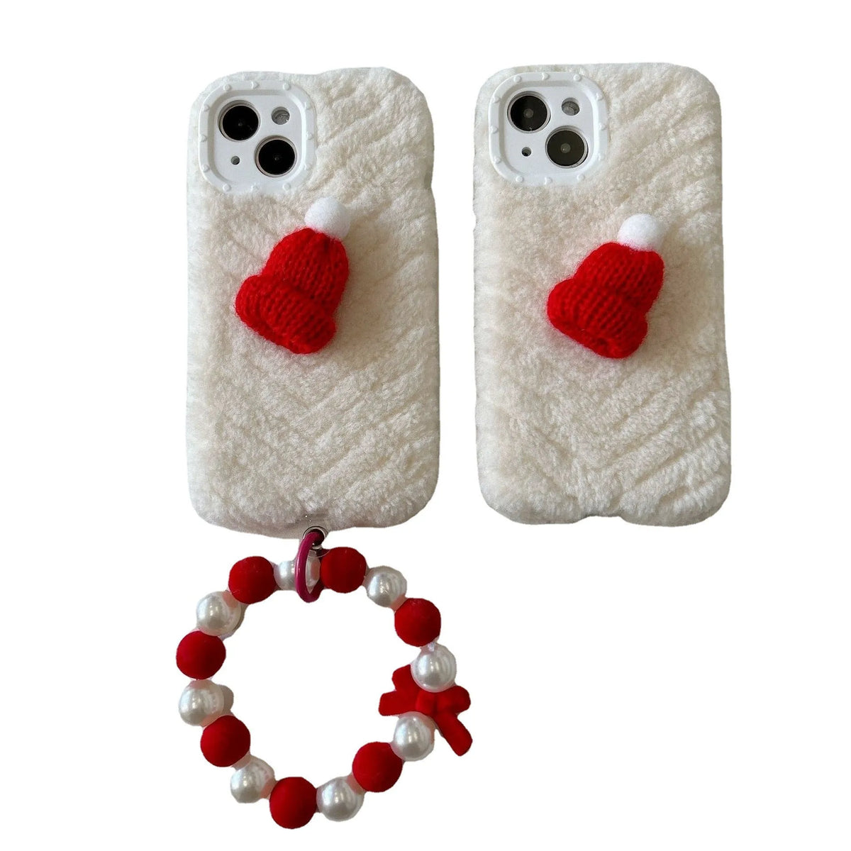 Red Christmas hat iPhone case with plush bracelet for iPhone 14, 13, 12 and 11 models, silicone back cover.