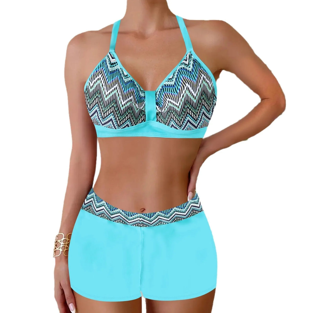 Women's halter bikini set, printed polyester swimsuit with top and shorts, six colours, sizes S to 5XL