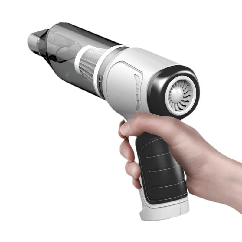 Handheld car pet vacuum cleaner in brushless gold or silver style with USB charging port and dust bucket.