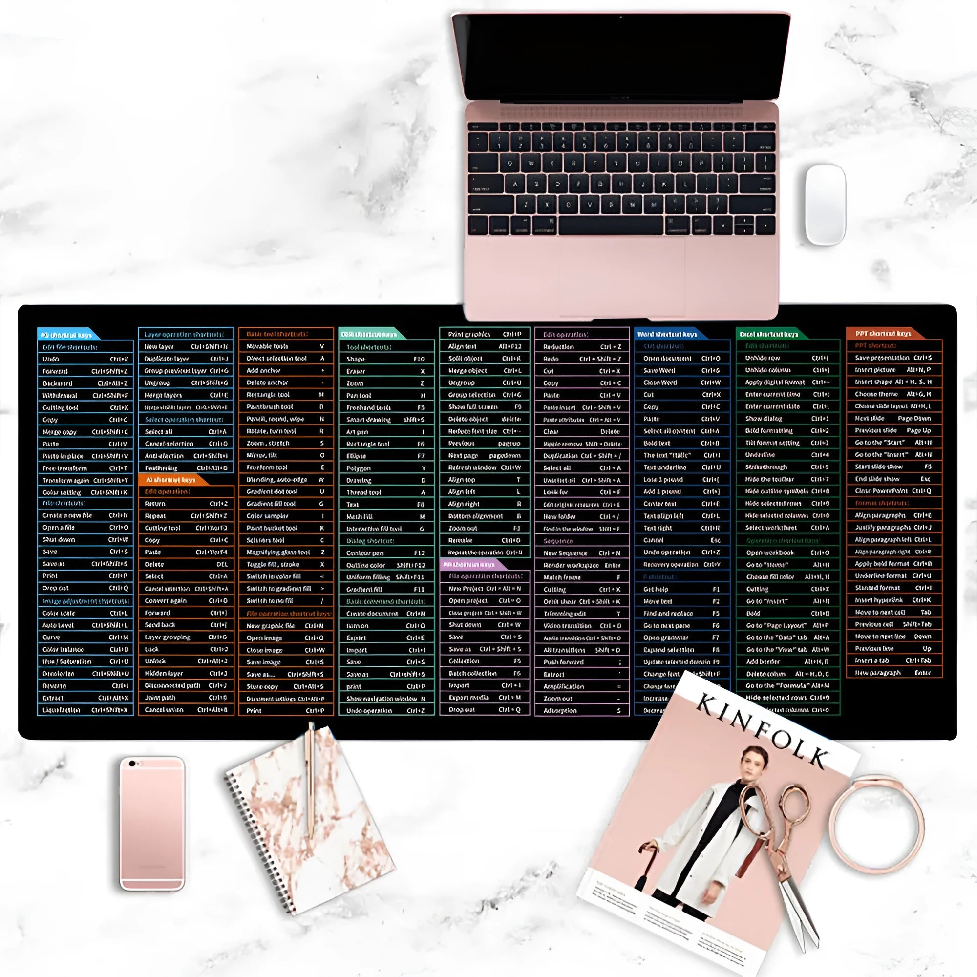 Large office mouse mat with printed English keyboard shortcut keys on natural rubber base