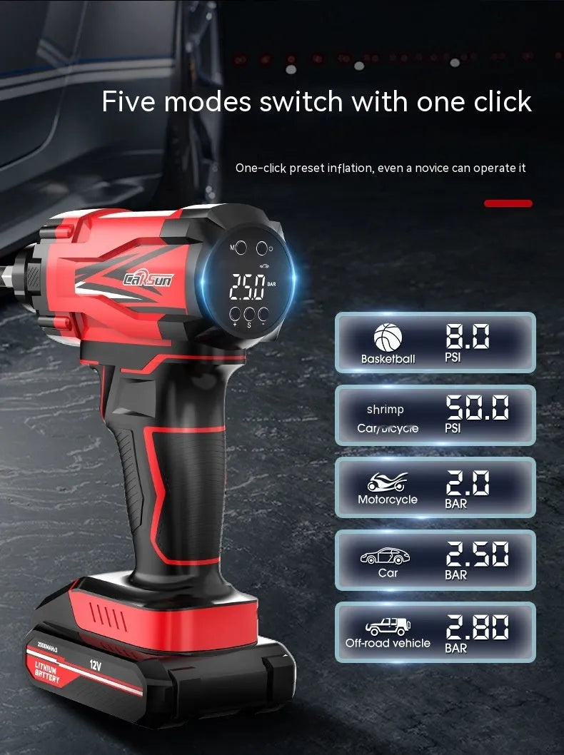 Red and black portable car air pump with digital display, 12V cable, and multiple nozzle attachments