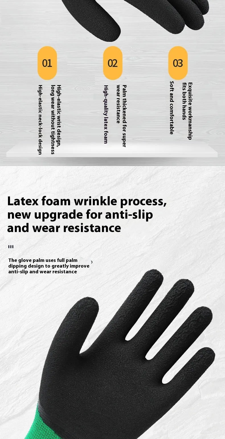 Pair of black and green rubber work gloves with a 13-stitch construction for wear-resistant, non-slip labour protection.