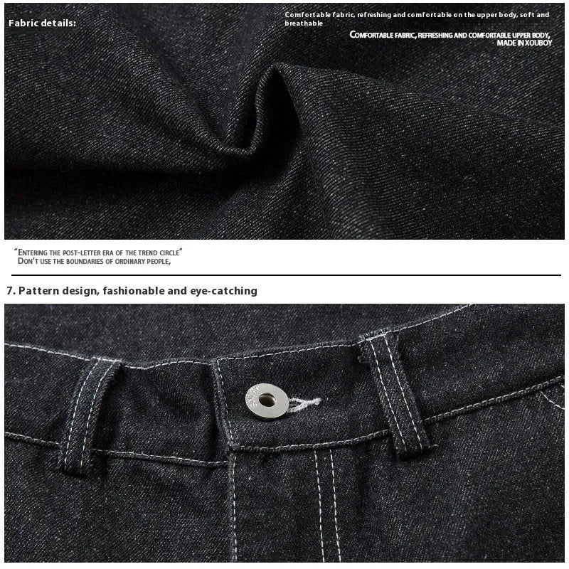 Black multi-pocket pleated workwear jeans with mid-waist fit and trousers length