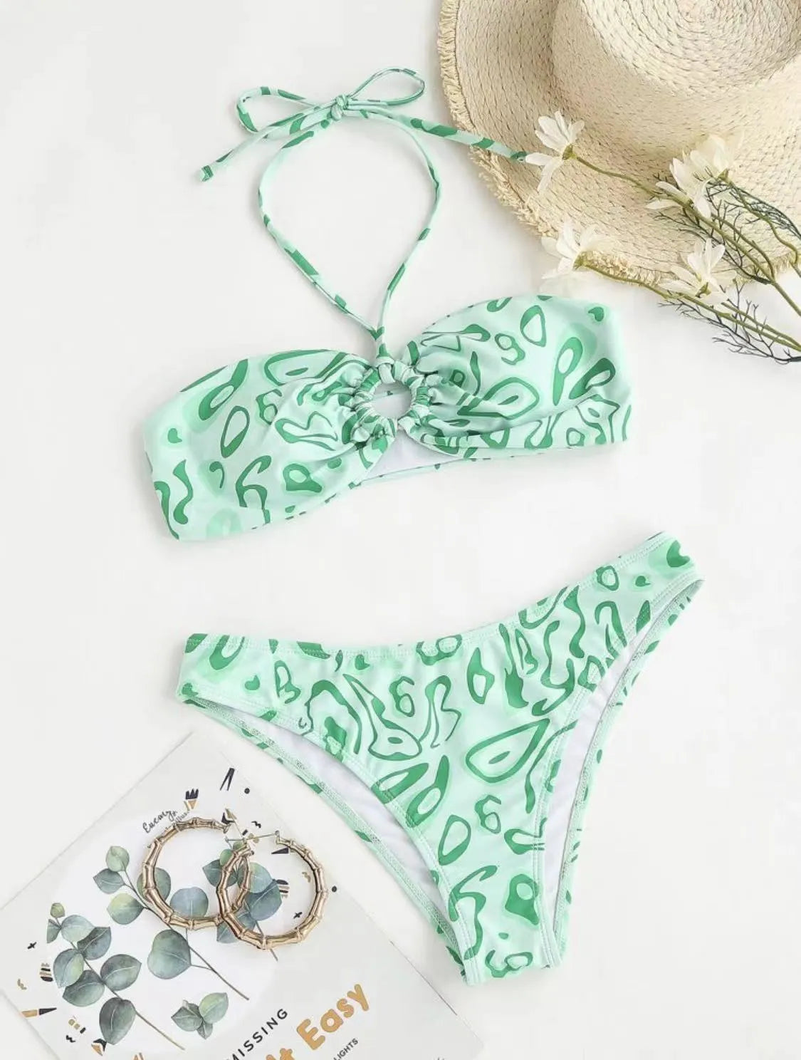 Green floral bandeau bikini swimsuit with backless design and split-style briefs