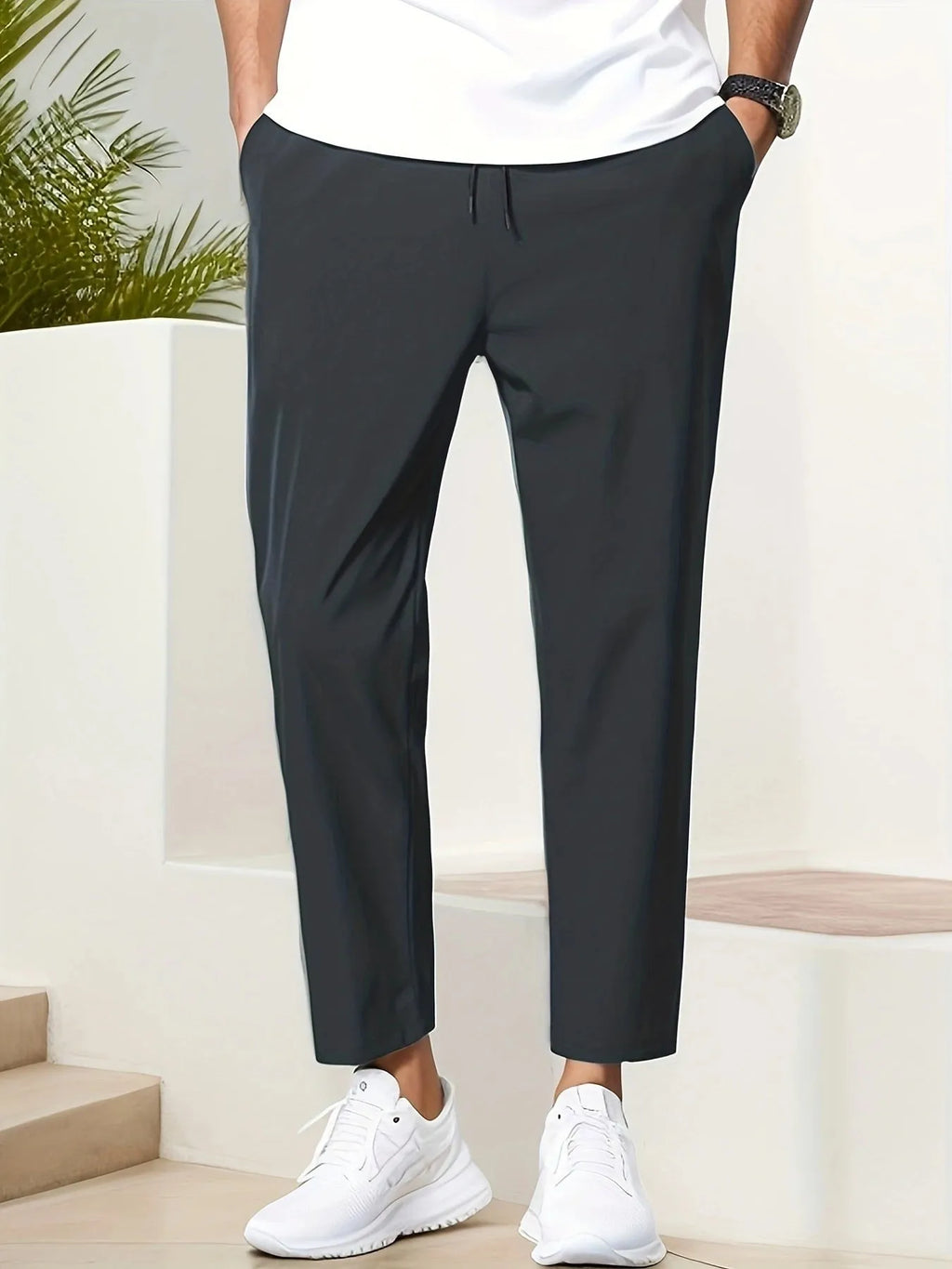 Men's slim-fit ankle length polyester trousers, mid waist tapered cropped pants in black, grey, dark green, navy blue