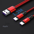 Black and red braided nylon charging cable with two Android-style connectors for simultaneous device charging.