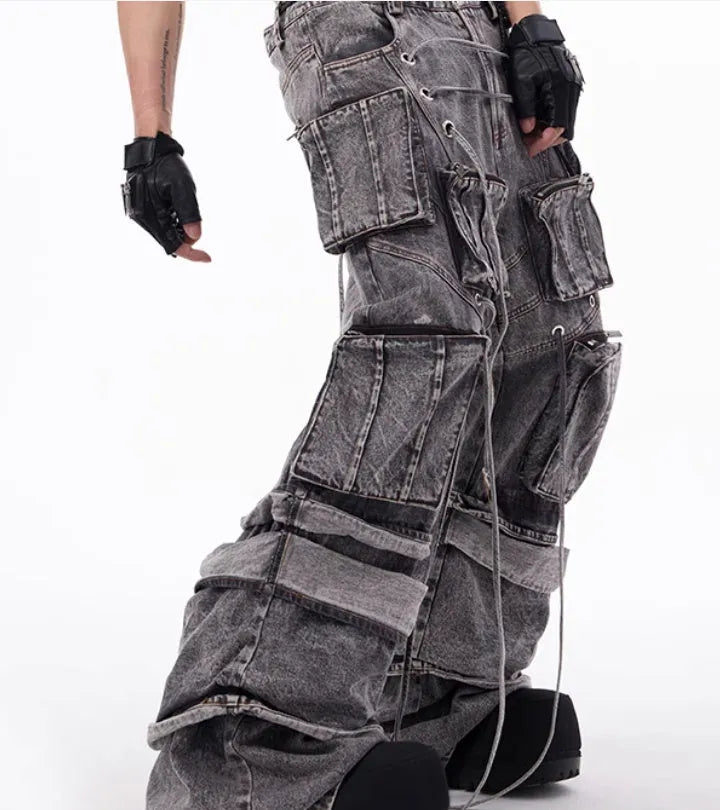 Grey distressed denim mop pants with rope stitching details American-style overalls