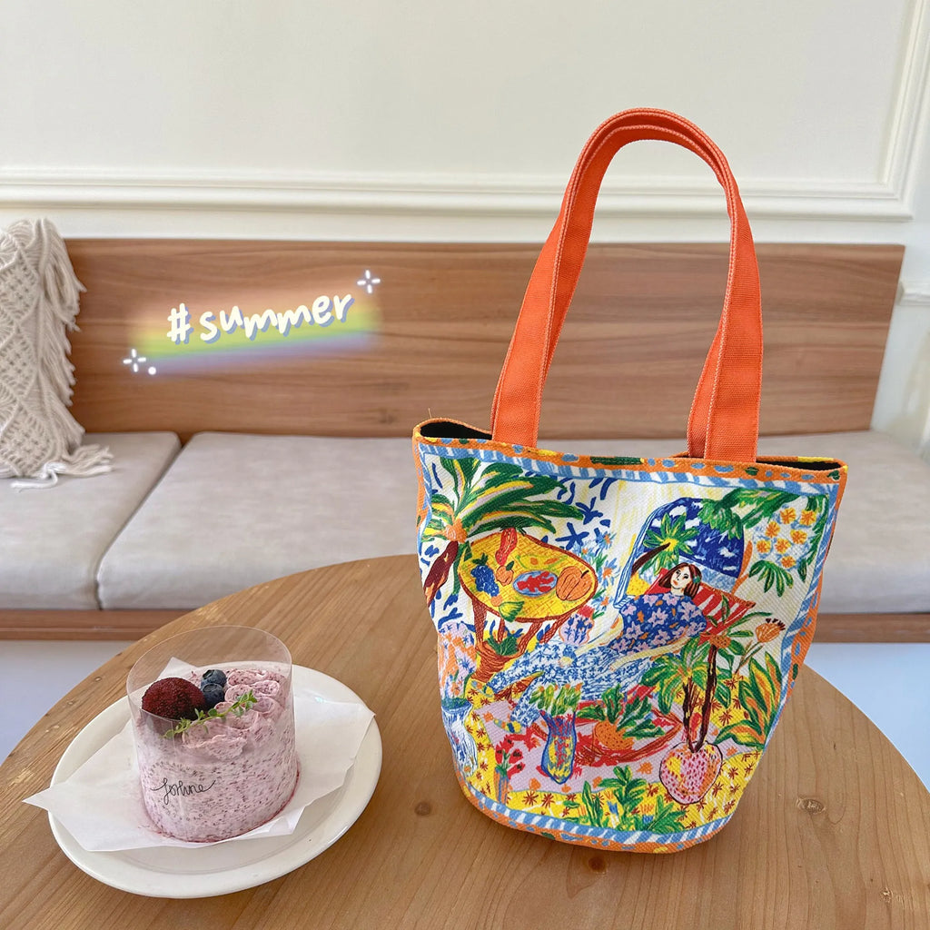 Thailand artistic bucket bag in Dream Garden orange plush with double straps and canvas lining