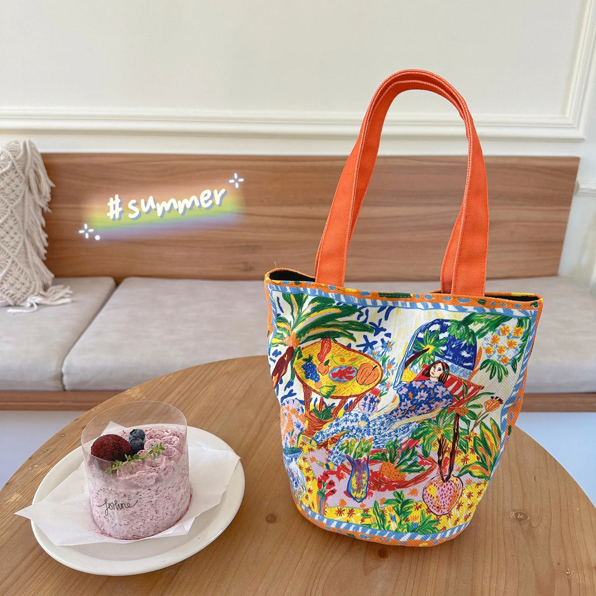 Thailand artistic bucket bag in Dream Garden orange plush with double straps and canvas lining
