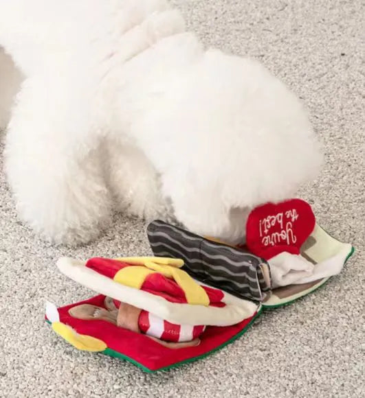 Christmas Book plush dog food hiding toy in solid colour for supervised treat search play