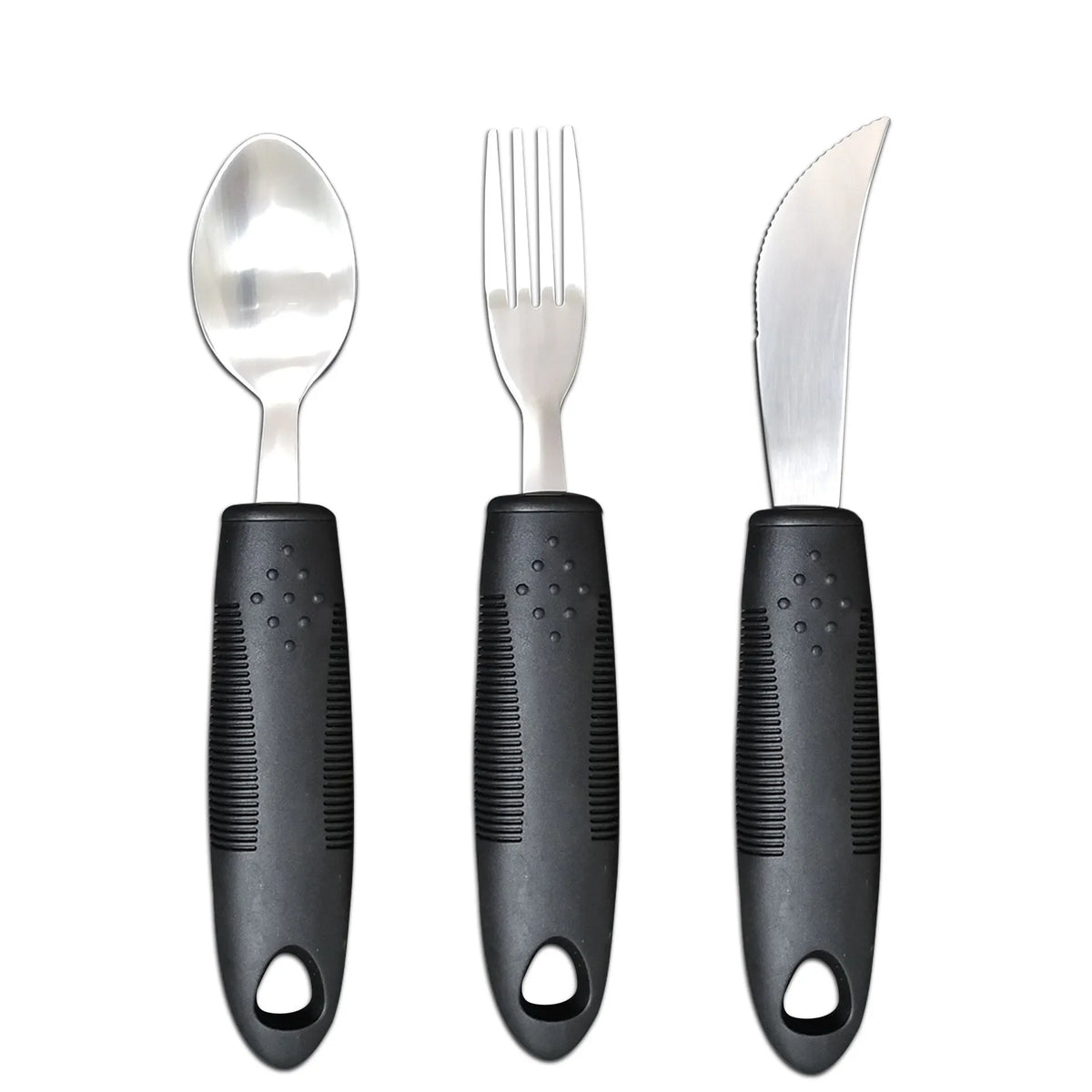 Anti-shake adaptive tableware set with stainless steel utensils and rubber handle grips