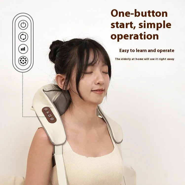 Blue foldable electric neck and back massager with rechargeable battery on a table