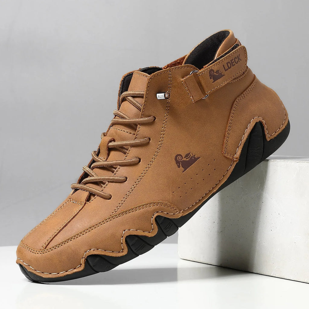 Octopus brand men's high-top ankle boots in khaki, grey, or black with a round toe and rubber sole.