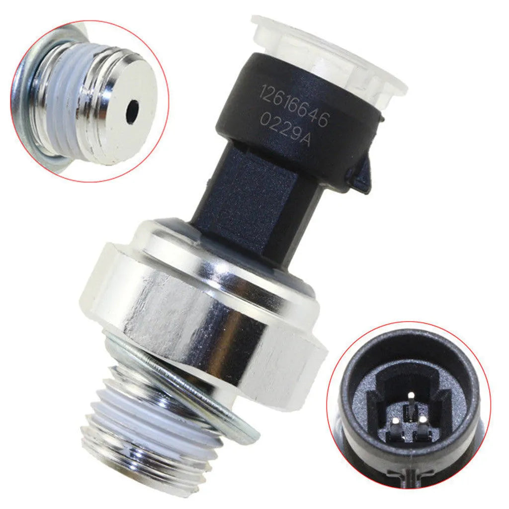 GM oil pressure sensor with electrical connector for Buick Chevrolet vehicles, part numbers 12573107 12567323 visible.