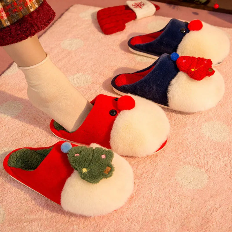 Christmas plush slippers for women with Santa Claus and Christmas tree design, warm non-slip house shoes in red, yellow, or blue.