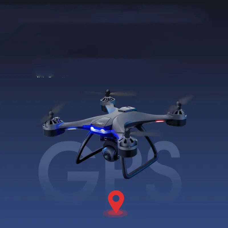 Plastic quadrocopter remote control drone with GPS, camera, and spare blades on landing gear