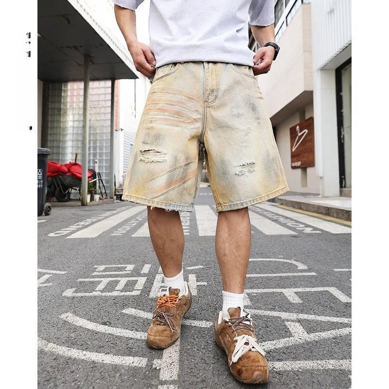 Men's light blue washed ripped denim shorts straight leg mid-length casual style
