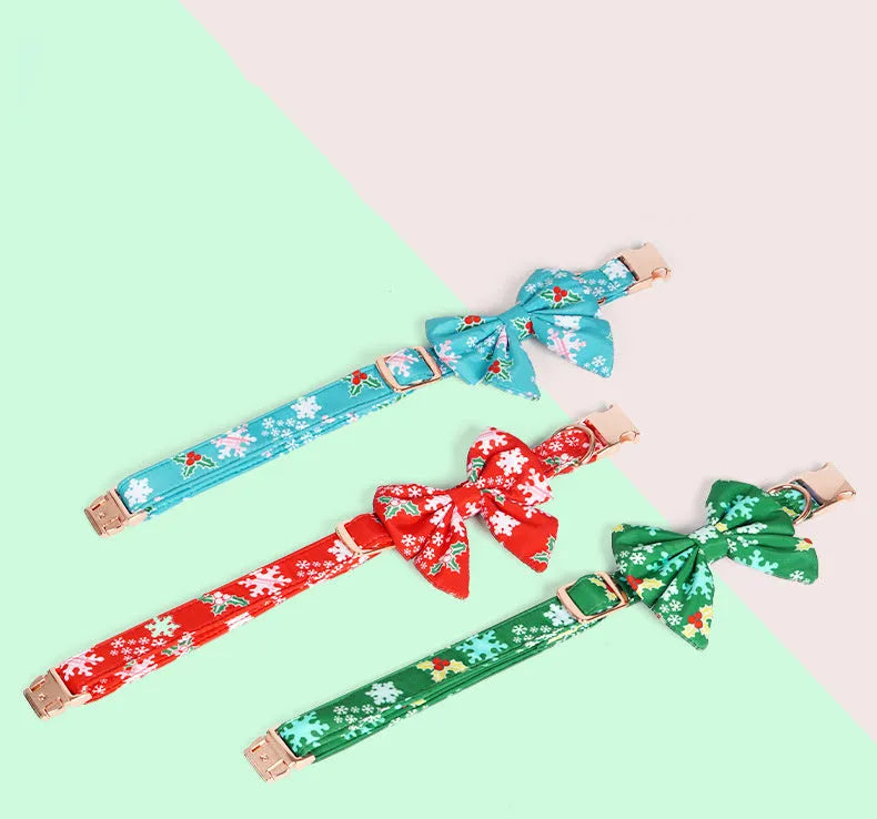 Pure cotton dog necklace with removable Christmas flower bow tie in blue, green, or red, sizes S M L.