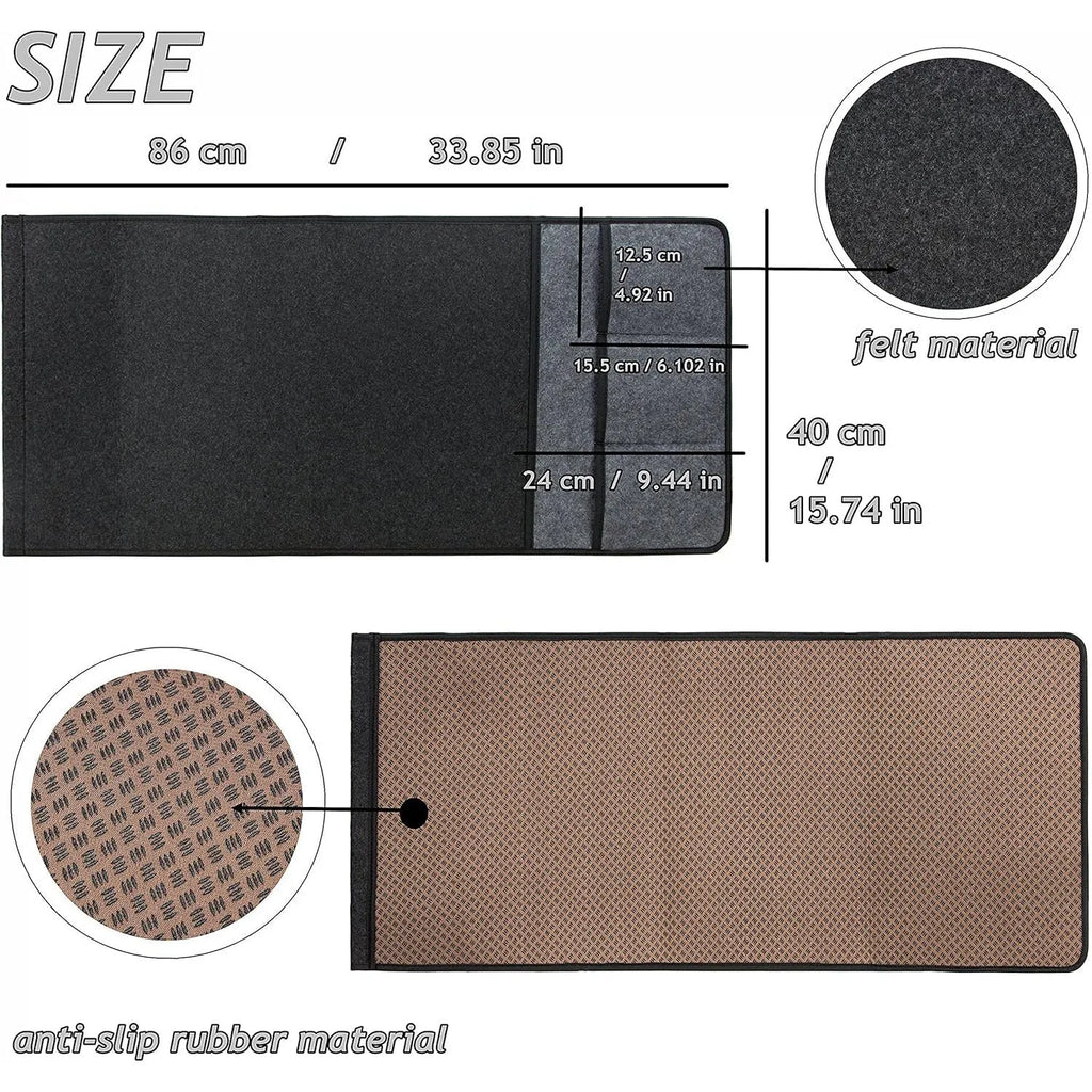 Beige felt phone organising shopping bag on a sofa with a mobile phone inside