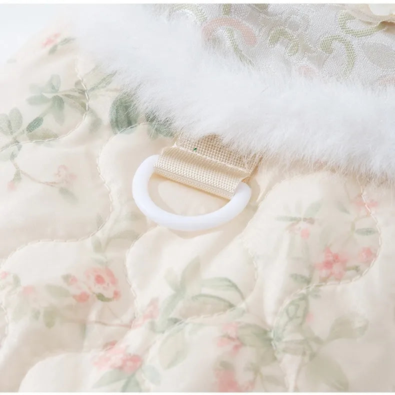 Thick cotton-padded 4-legged dog overalls with Chinese floral pattern faux fur collar and pearl-like buttons in blue
