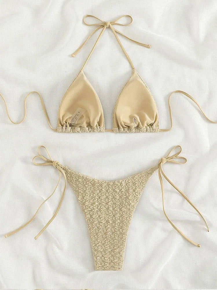 Women's high waist bikini swimsuit with lace-up top in khaki, blue, pink or black