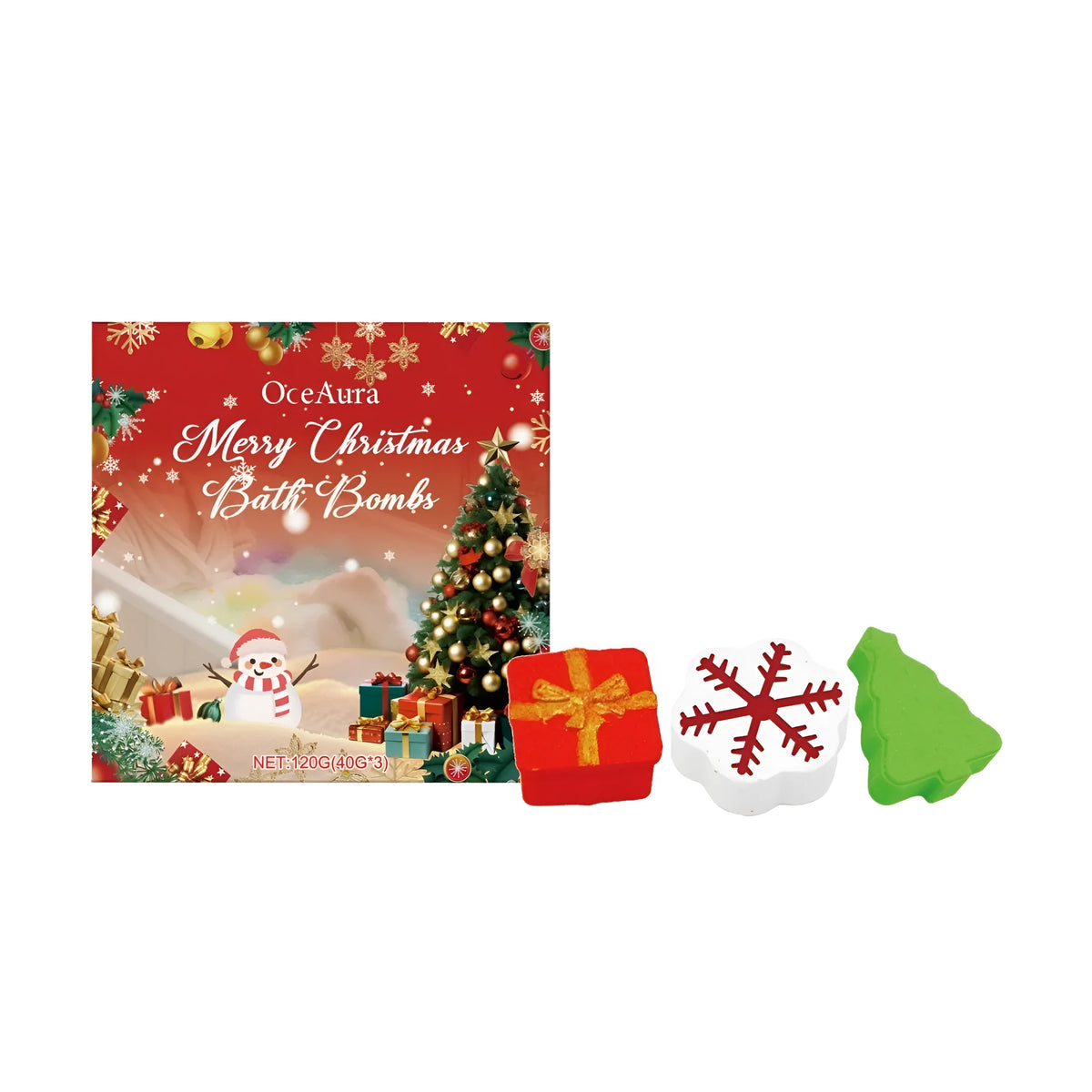 Christmas Bath Bomb Set with gift box, snowflake, and Christmas tree shaped fizzing bombs in a festive box