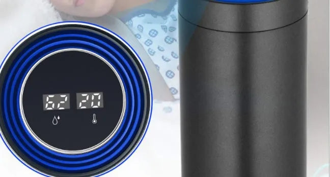 A7 model aluminium alloy car air purifier with display showing air quality, USB cable, and infrared sensor for gesture control.