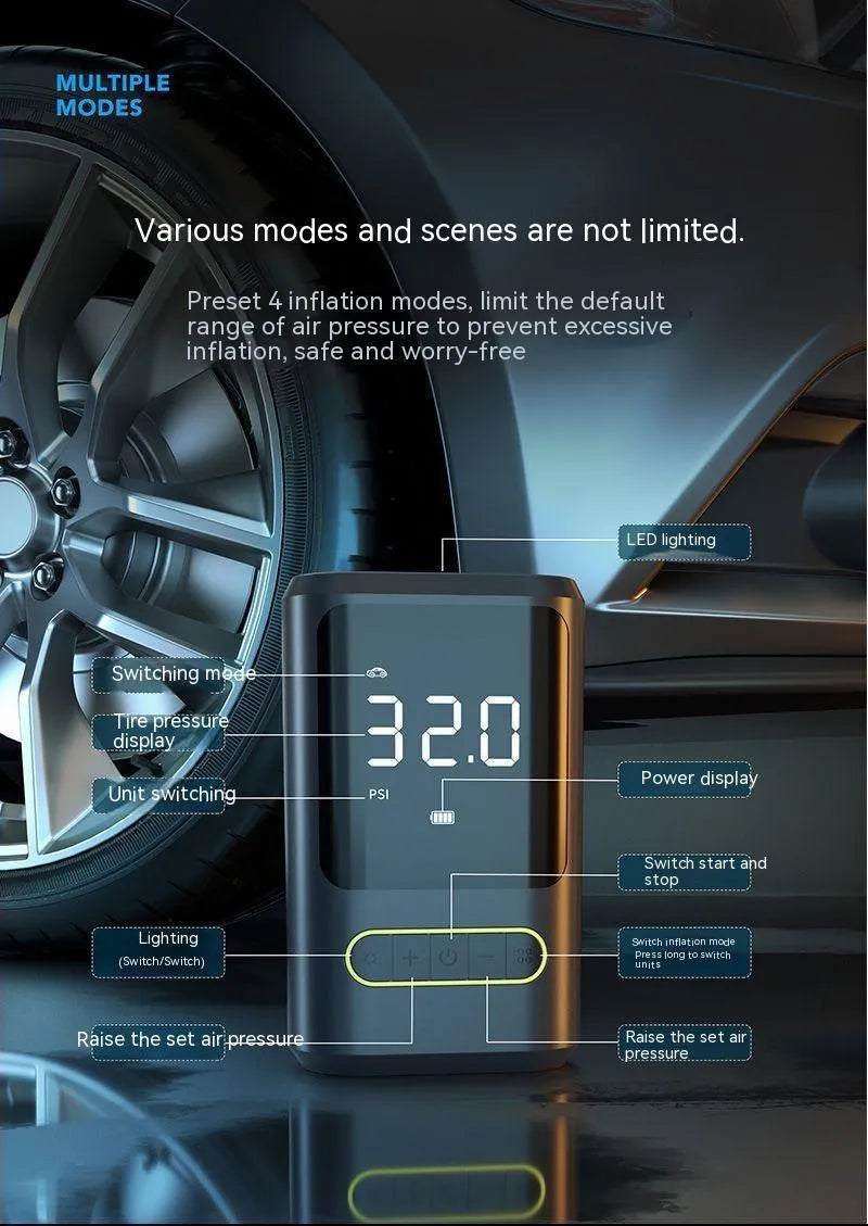 Handheld wireless car air pump with digital display showing pressure reading, includes air hose and multiple nozzle attachments