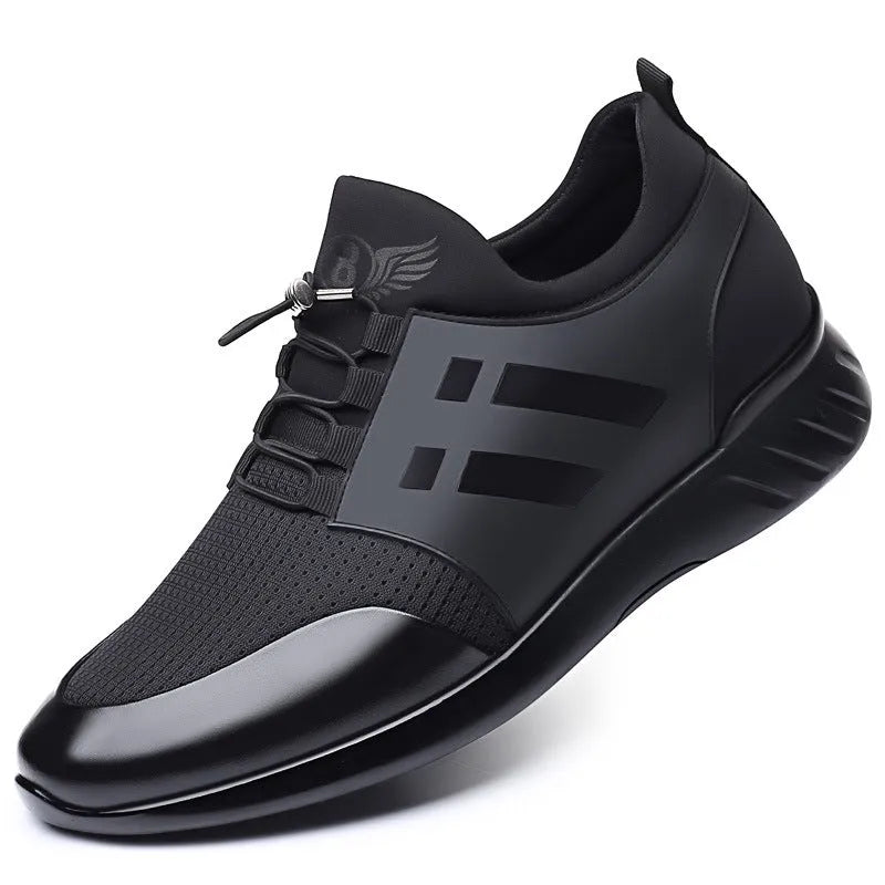 Men's black casual shoe with concealed height increase heel, available in leather, mesh, and Lycra materials.
