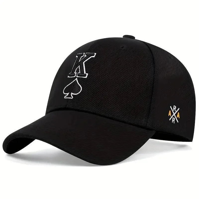 Embroidered Spade K sun hat in black with dome crown and adjustable sizing on a white background