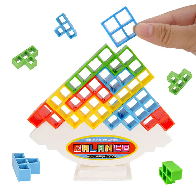 Plastic balance stacking game with 16 colourful blocks and chassis for family play