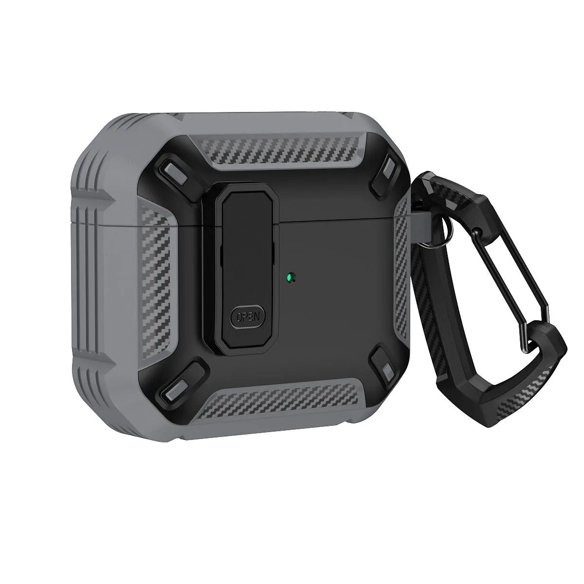 Two-tone black and yellow plastic AirPods protective case with a metal hook attached.
