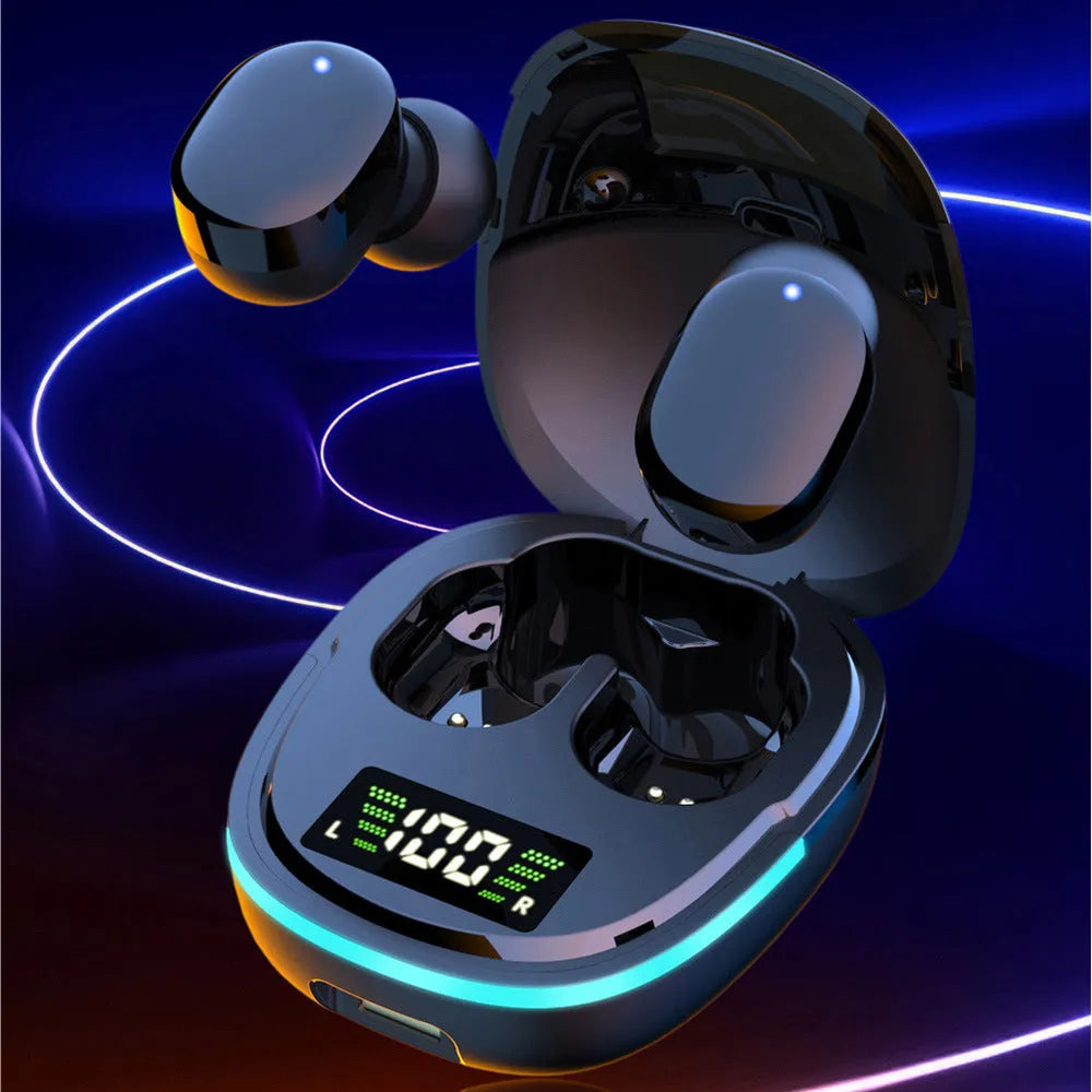 Black true wireless Bluetooth headphones with charging case and multiple ear caps