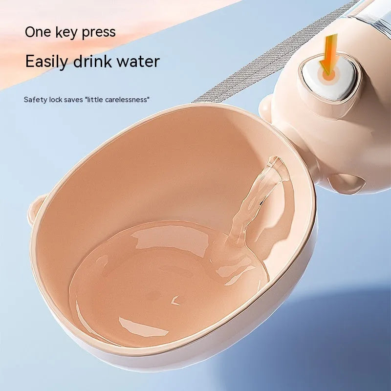 Portable dog water bottle and food container in yellow, pink, or brown colours for outdoor travel.