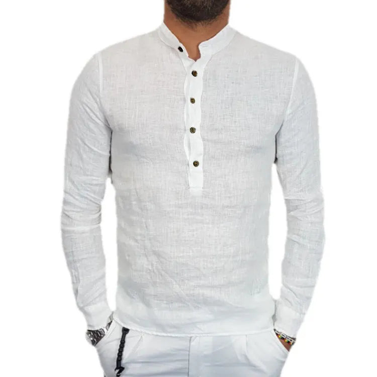 Men's loose fit long sleeve hemp cotton blend casual t-shirt in black and beige front view