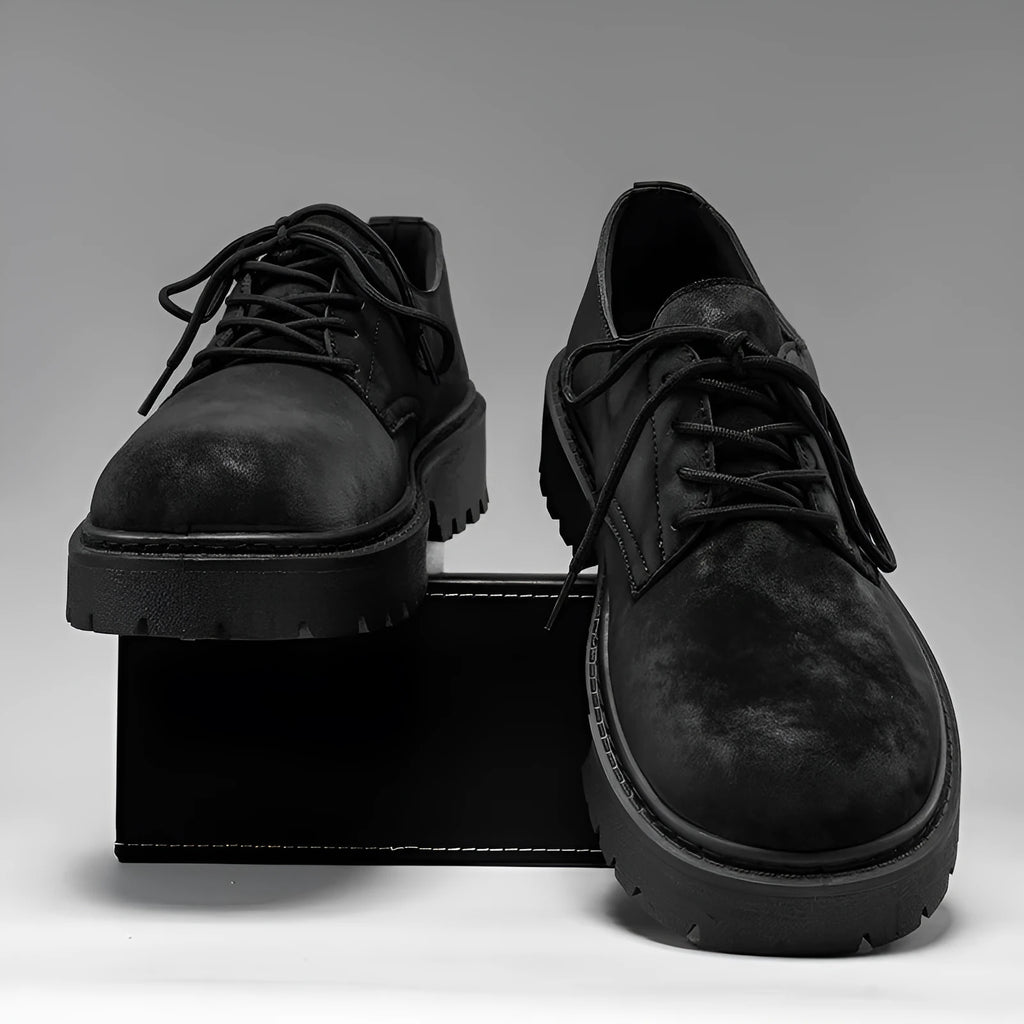 Men's black thick sole height increasing casual vulcanised shoes with buckle fastening and metal detail